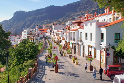 Tejeda, Gran Canaria, Canary Islands, Spain - 26.5.2021: The main street of famous spanish mountain village  (tourist outdoor area)
