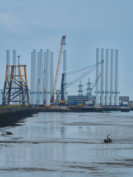 A colossal crane lifts the top section of a wind turbine support into position, surrounded by completed columns and mirrored in water covered mudflats.