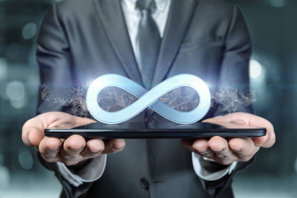 istock Businessman showing infinity sign on tablet. 1332524754