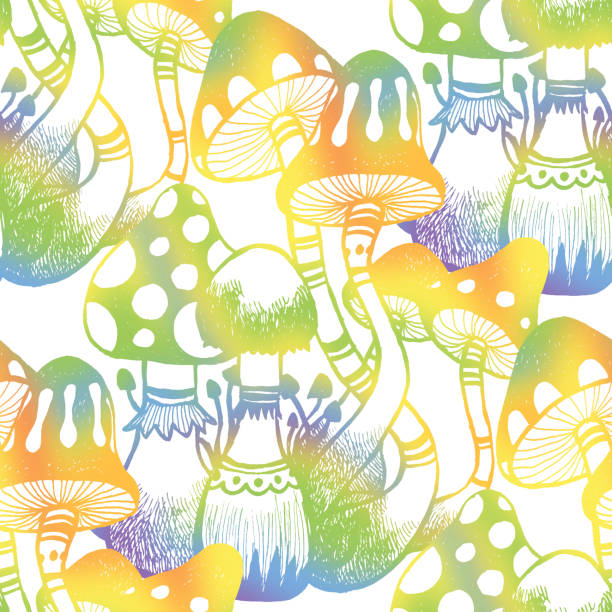 Seamless pattern with psychedelic rainbow mushroom. Hippie esoteric background. stock photo