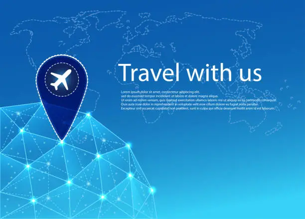 Vector illustration of Airplane map pointer on a low-poly wireframe background. Worldwide travel concept.