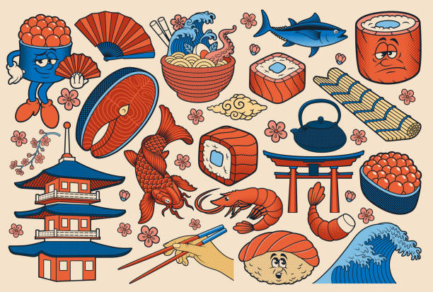 ilustraciones, imágenes clip art, dibujos animados e iconos de stock de imágenes prediseñadas del vector de comida japonesa - sashimi