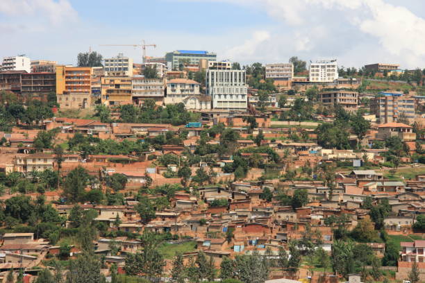 Landscape urban scene of shanty town and housing in hills of Kigali, Rwanda. stock photo