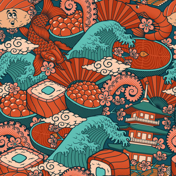 ilustraciones, imágenes clip art, dibujos animados e iconos de stock de fondo sin costuras de dibujos animados de comida japonesa - sushi cartoon food wallpaper pattern