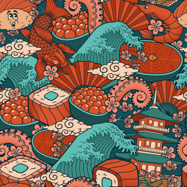 日本料理漫画シームレスな背景 - restaurant japan sushi japanese culture点のイラスト素材／クリップアート素材／マンガ素材／アイコン素材