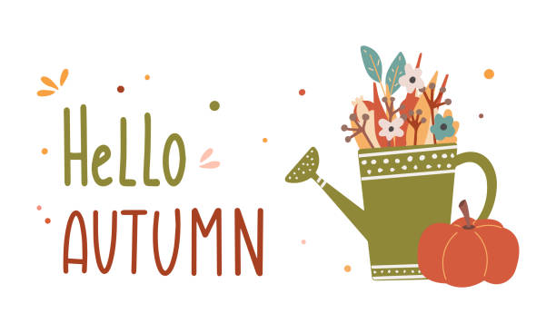 ilustraciones, imágenes clip art, dibujos animados e iconos de stock de hola composición de letras de colores de otoño con lata de riego y vector de calabaza ilustración plana. - equinoccio de otoño