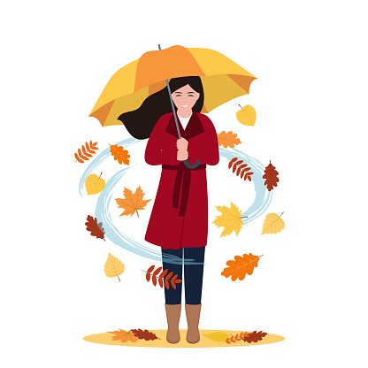 Smiling fashionable young woman in autumn clothing holds umbrella. The wind and autumn colorful leaves swirl around her. Hello autumn season concept. Flat design vector illustration