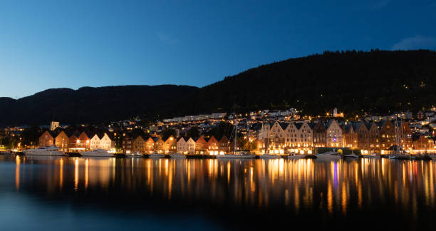 istock Bergen harbor houses at night. 1332528605