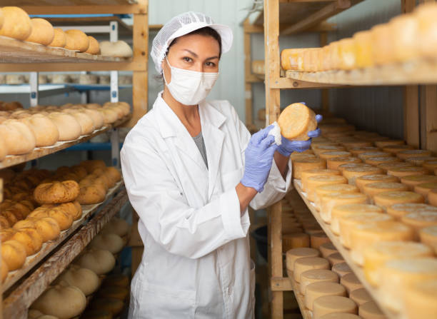 istock Woman cheesemaker in mask checking aging process of goat cheese 1332531144