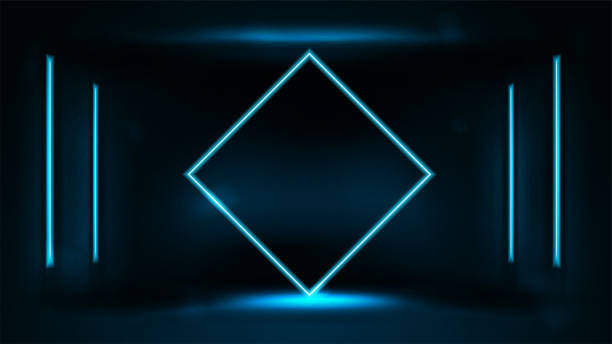 istock Neon blue diamond-shaped frame with line neon lamp on wall in dark room on blurred background 1332533486