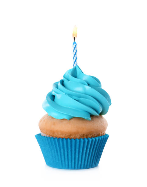 delicious birthday cupcake with candle isolated on white - cupcake cake birthday candy imagens e fotografias de stock