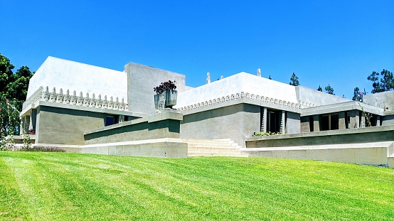 Los Angeles, California - July 11, 2019: Frank Lloyd Wright's Hollyhock House, a UNESCO World Heritage Site, in the Barnsdall Art Park