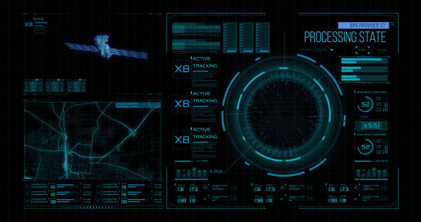 デジタルインタフェースを用いた宇宙空間プローブの制御システムを備えた未来的なソフトウェアデジタルhudインターフェース。宇宙船間のデジタルデータ転送技術の開発 - satellite global positioning system surveillance satellite dish ストックフォトと画像