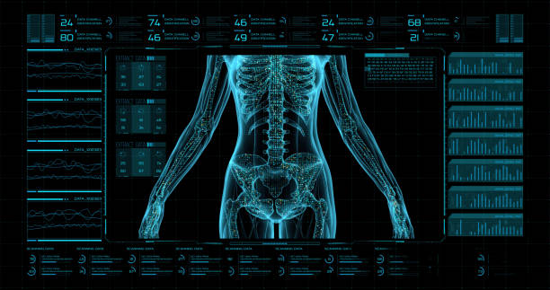 The hud interface of the futuristic medical program is a control panel with digital three-dimensional MRI visualization, which allows you to study the condition of joints, spine, muscles and soft tissues in detail. la interfaz hud del programa médico futurista es un panel de control con visualización digital tridimensional de mri, que le permite estudiar el estado de las articulaciones, la columna vertebral, los músculos y los tejidos blandos en detalle.
