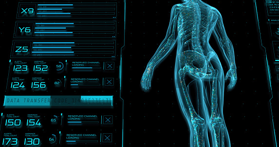 The HUD interface of the futuristic medical program is a digital control panel for studying the brain and other internal organs, this type of research can also be used in the study of bone tissues and joints.