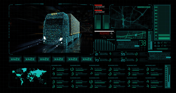 A digital futuristic interface of a transport company monitor that tracks the movement of trucks, tracking the location, speed, and condition of the cargo.