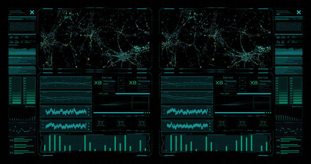 Medical hud interface of the future, a system for managing medical data obtained by scanning the neural network of the human brain. Neuroprosthetics and restoration of brain functions after strokes and traumatic brain injuries. Medical interface of the future, a system for managing medical data obtained by scanning the neural network of the human brain. Thanks to modern technologies and the help of neural networks, it is possible to make predictions and diagnose diseases at an early stage. hud graphical user interface stock pictures, royalty-free photos & images