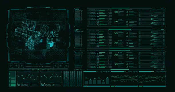 A computer futuristic digital software interface with a motion control system and a navigation system. A digital map obtained from an orbiting satellite is visualized on the main screen. A computer-based futuristic digital software interface with a motion control system and a navigation system capable of implementing the principle of autonomous piloting of a car along pre-programmed routes. fbi photos stock pictures, royalty-free photos & images