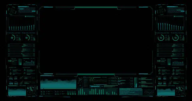 Photo of A computer futuristic digital HUD software interface with a system for analyzing existing quantum control systems and a developed algorithm for controlling a quantum cryptographic system.