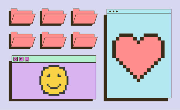 Retro user interface Retro user interface. Download window, folders, and application page with pixel emoticons and heart. Bright design elements. Cartoon pixel art flat vector illustration isolated on a colored background windows folder icon stock illustrations