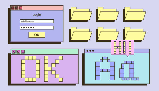 Retrowave UI and UX elements Retrowave UI and UX elements. Window for dialog, download, and logging in with password and login. Folders for files, pixel letters. Flat pop art vector illustration set isolated on colored background pixelated illustrations stock illustrations