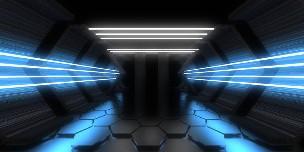 istock 3D abstract background with neon lights.  .space construction . .3d illustration 1332542398
