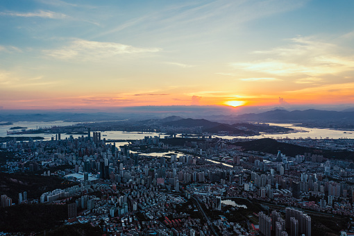 Aerial view of sunset city buildings in Xiamen, China