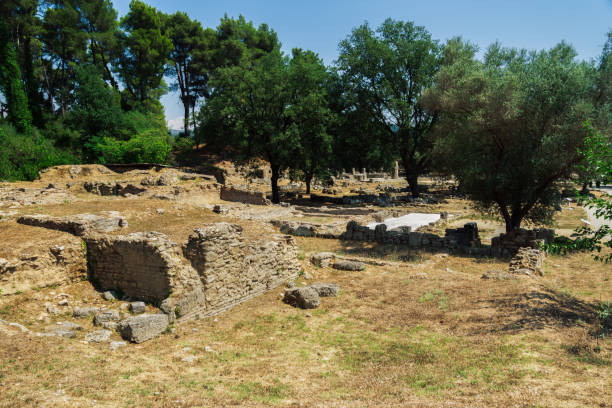 istock Classical times ruins with columns around green trees, against blue sky. 1332543513