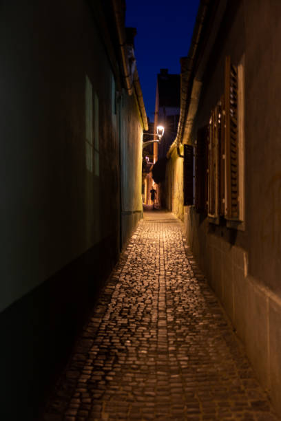 istock Dark narrow alley human silhouette walking 1332546519