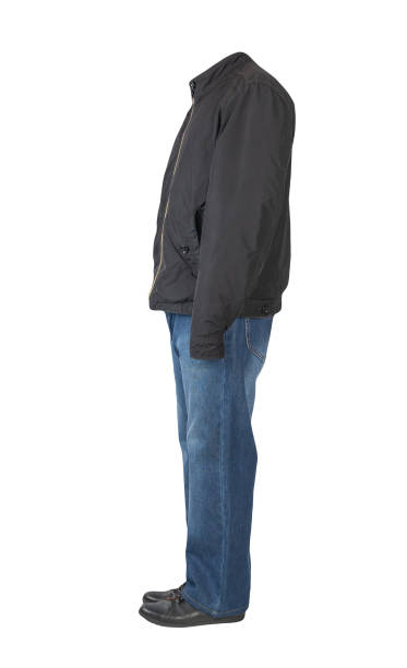 istock dark blue jeans, black leather shoes, jacket isolated on white background. 1332552243