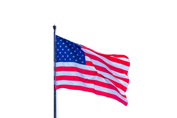 istock United States flag on a pole waving isolated on white background 1332555489
