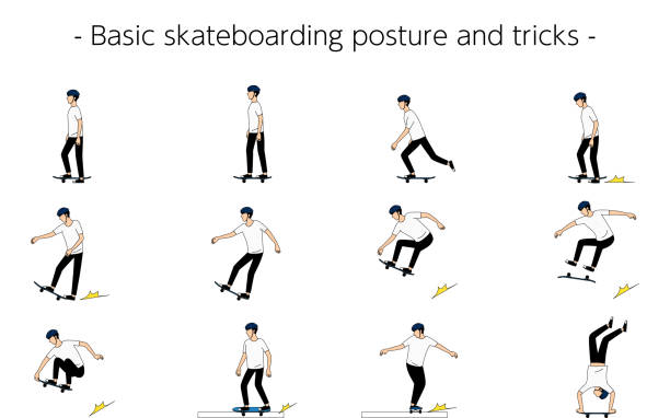 illustrations, cliparts, dessins animés et icônes de positions et astuces de skateboard de base - grinding