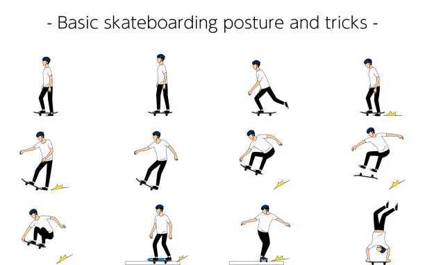 Vector illustration of Basic skateboarding stances and tricks