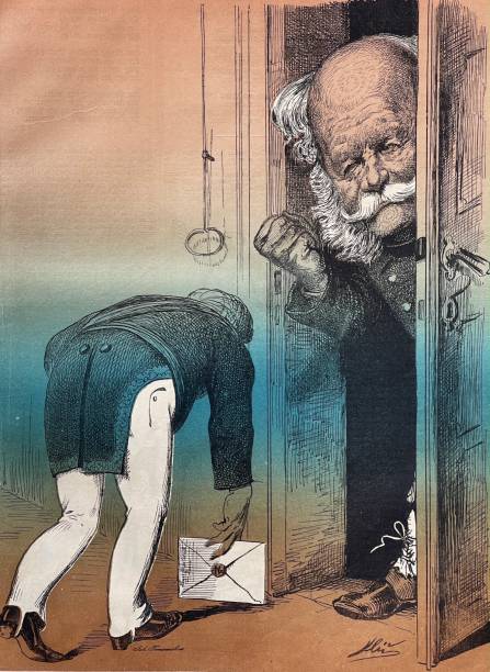 istock Servant hands a letter with a deep bow to an elderly gentleman who holds the door open but shows a fist 1332556316
