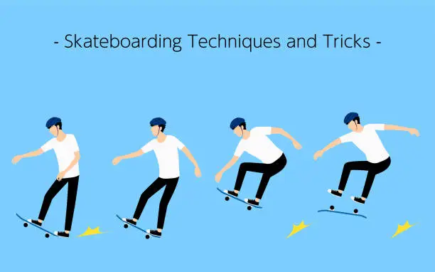 Vector illustration of Basic skateboarding techniques and tricks Tail brake, manual, ollie, flip