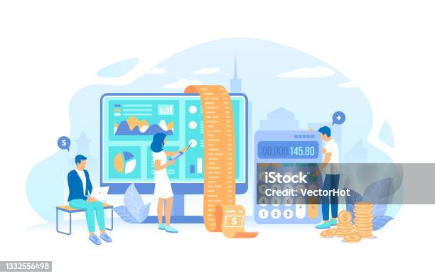 People Work With Documents Invoice Bill Calculation Bookkeeping Economic Audit Financial Analysis Tax Accounting Bill Payment Working Process Teamwork Communication Vector Illustration Stock Illustration - Download Image Now