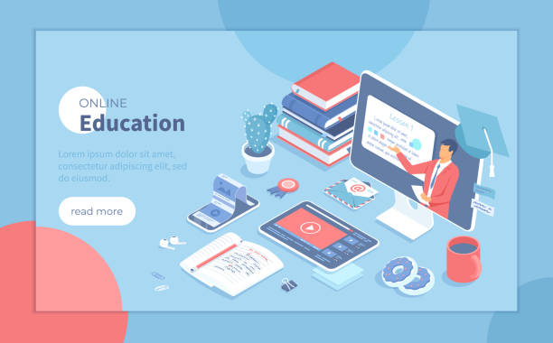 ilustrações de stock, clip art, desenhos animados e ícones de online education. distance learning, online courses, educational webinars at home. educational video at monitor with teacher, tablet, phone, books, notebooks. isometric vector illustration for banner - youtube home video camera internet ipad