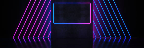 istock Futuristic Sci-Fi. Neon Light Shapes On Black Background And Reflective Concrete With Empty Space. 3d rendering. 1332564663