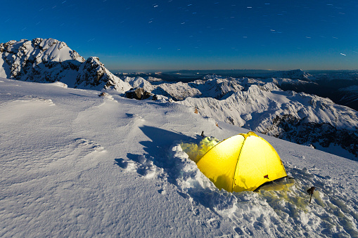 Winter camp on the Low Peak of Mount Rolleston, High Peak in the background, New Zealand