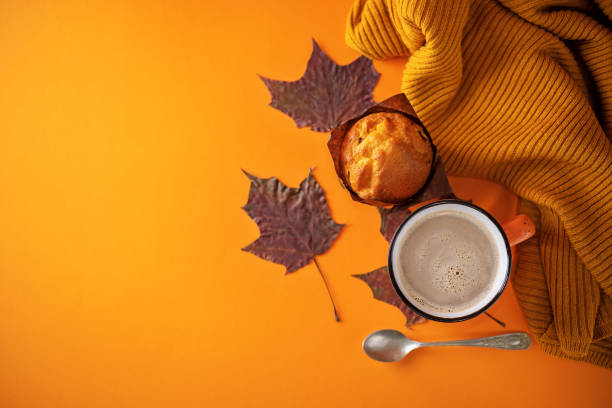 istock Autumn flat lay with a blanket, hot chocolate and a cake 1332566610