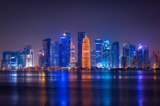 istock Coloful illuminated skyline of Doha at night, Qatar 1332569874