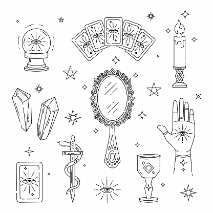Set of magic symbols, witch tattoos, prediction, tarot cards. Crystal ball, tarot cards, candle, hand with eye, mirror, sword and snake, goblet and stars.  Black linear sketch, boho design, modern vector illustration