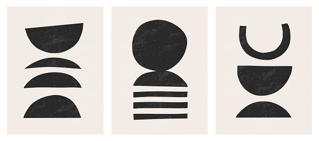 Trendy contemporary Abstract shapes art prints, Minimal black shapes on beige