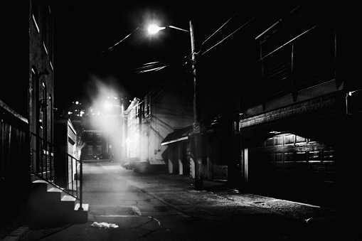 Dark alley in North Pittsburgh, Pennsylvania, USA