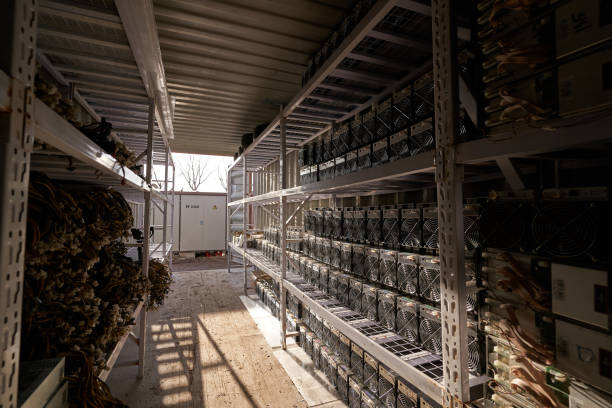 istock Bitcoin ASIC miners in warehouse. ASIC mining equipment on stand racks for mining cryptocurrency in steel container. Blockchain techology application specific integrated circuit units storage 1332576791