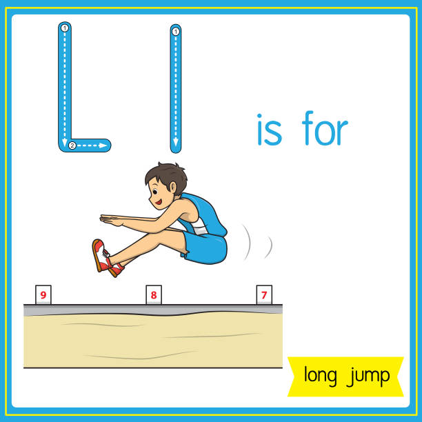 векторная иллюстрация для изучения алфавита для детей с мультяшными картинками. буква l предназначена для прыжков в длину. - school sport high up long jump stock illustrations
