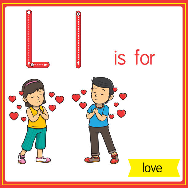 ilustraciones, imágenes clip art, dibujos animados e iconos de stock de ilustración vectorial para aprender el alfabeto para niños con imágenes de dibujos animados. la letra l es para el amor. - love romance cartoon heterosexual couple