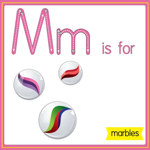 Vector illustration of Vector illustration for learning the alphabet For children with cartoon images. Letter M is for marbles.