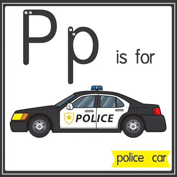 Vector illustration of Vector illustration for learning the alphabet For children with cartoon images. Letter P is for police car.