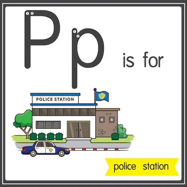 Vector illustration of Vector illustration for learning the alphabet For children with cartoon images. Letter P is for police station.